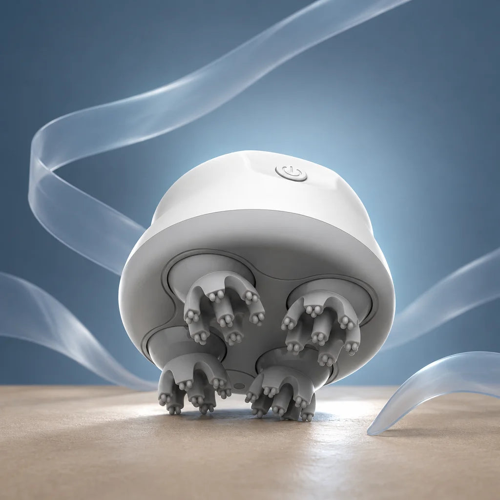 A constructed studio photograph of the exact Nuage scalp massager from the reference: compact rounde