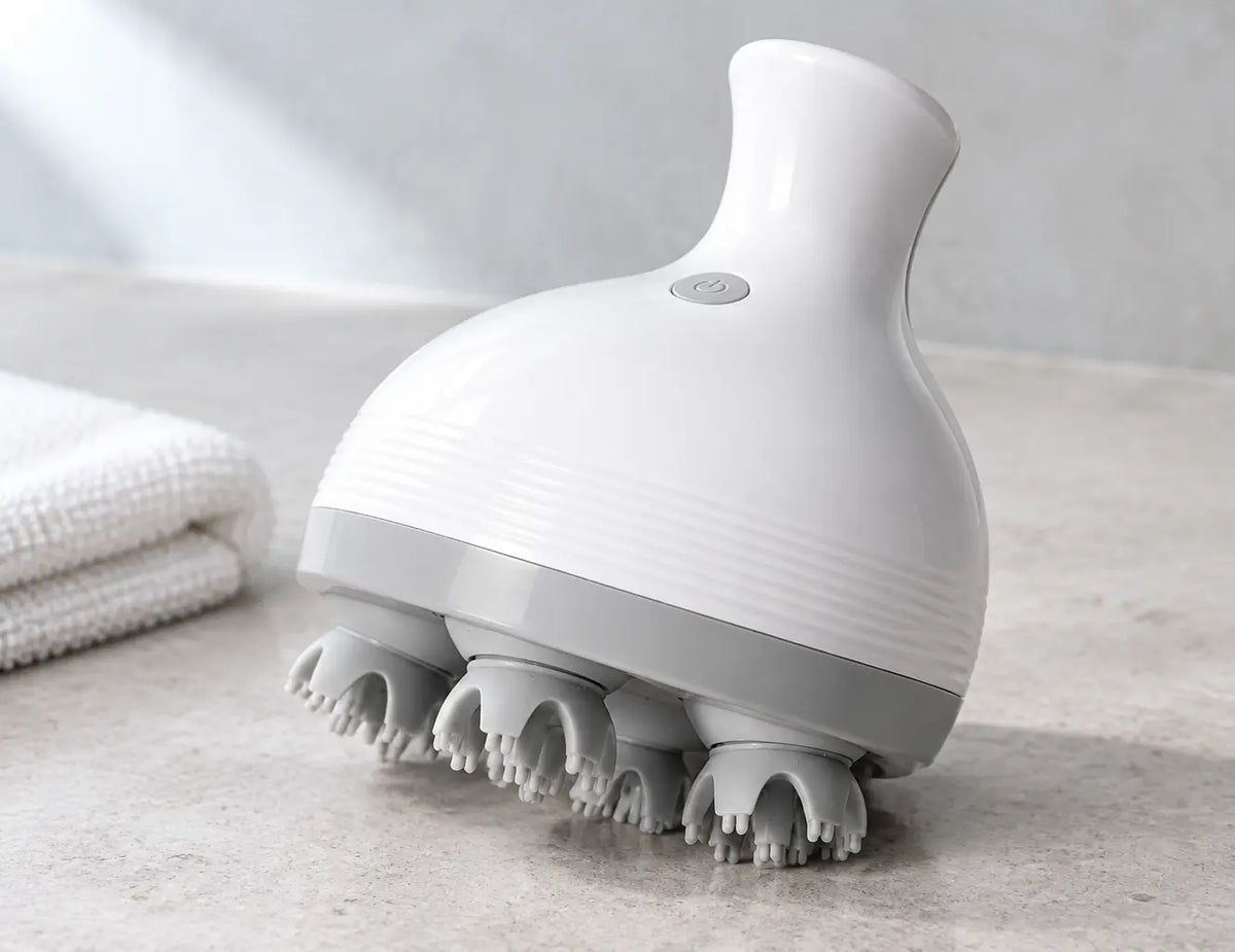 A close product photograph of the exact Nuage scalp massager from the reference, viewed from a low t