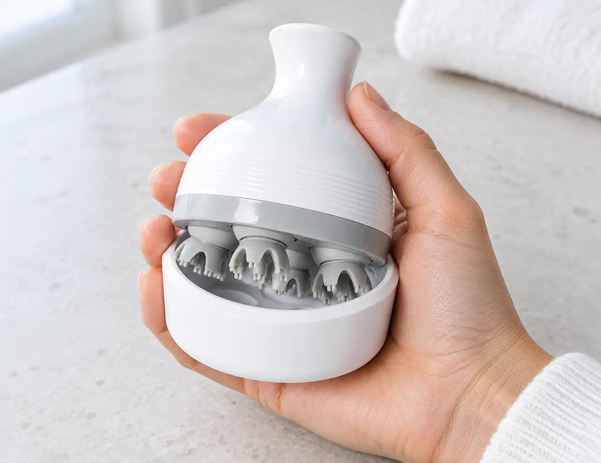 A close photograph showing the exact compact white Nuage massager resting in an adult hand at true s