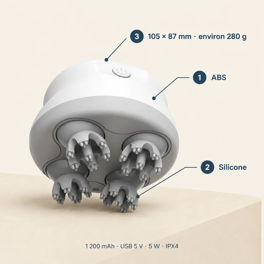 A square technical graphic built around the exact complete Nuage scalp massager from the reference,