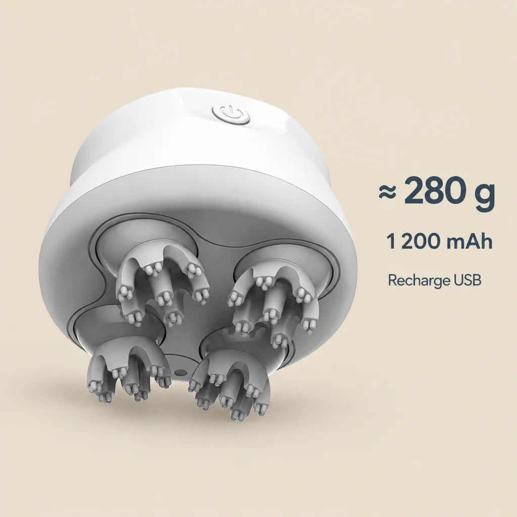 A graphic over a clean photograph of the exact white Nuage scalp massager from the reference, the co