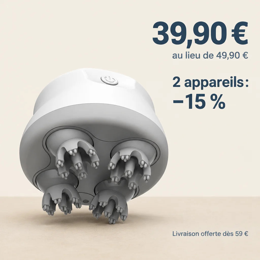 A graphic poster built over a photograph of the exact white Nuage scalp massager from the reference,