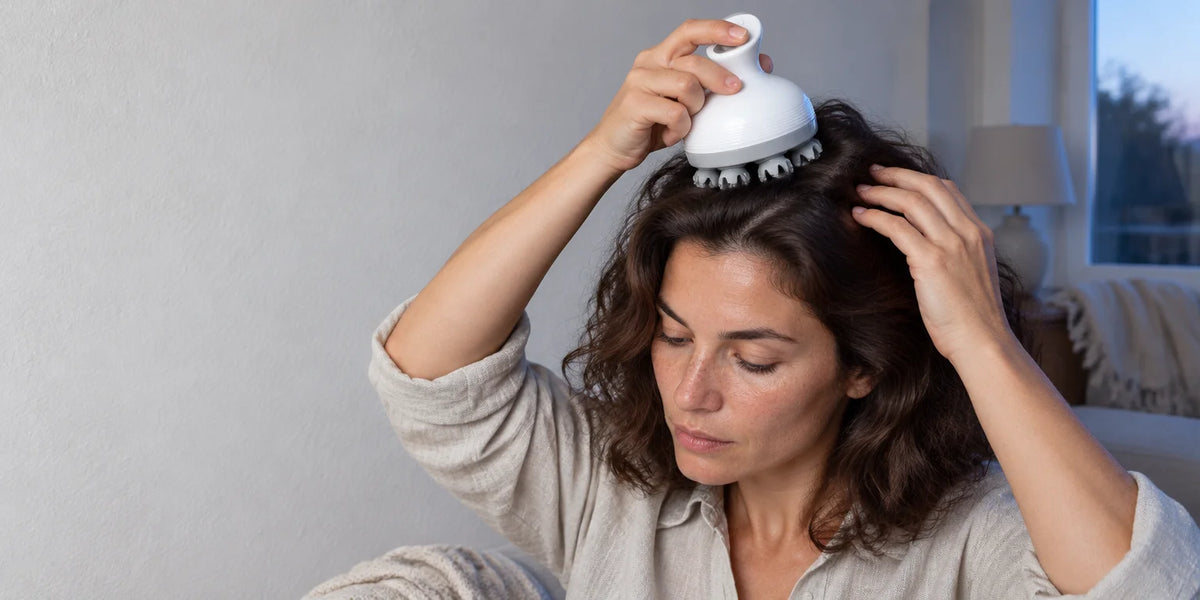 A wide landscape campaign photograph of the exact compact white scalp massager from the reference, w