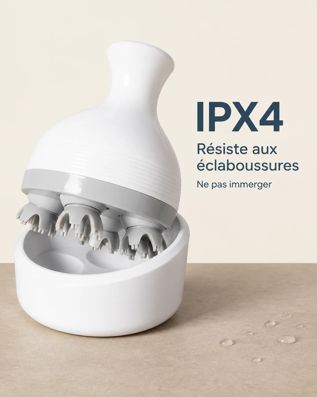 A clear square product graphic about splash resistance, using the exact white Nuage massager from th