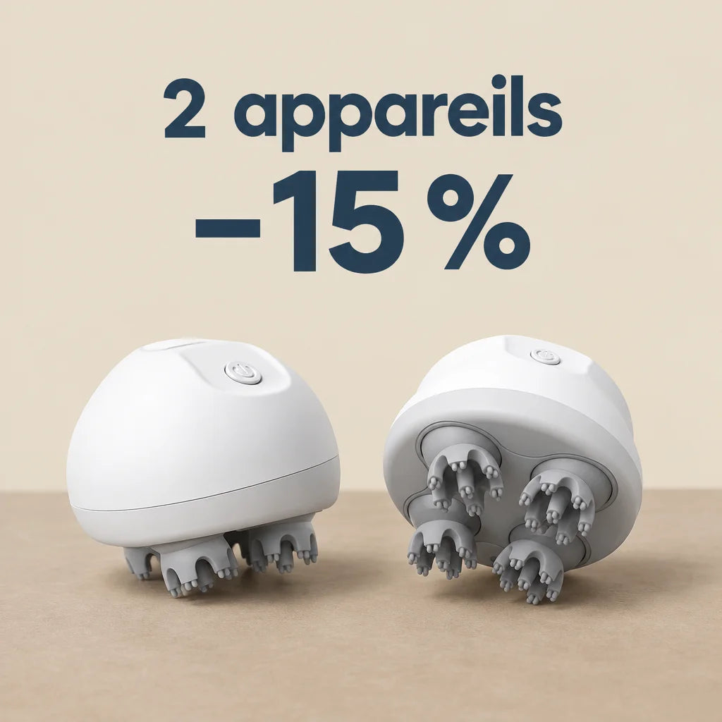 A square offer graphic over a photograph of two identical exact white Nuage scalp massagers from the